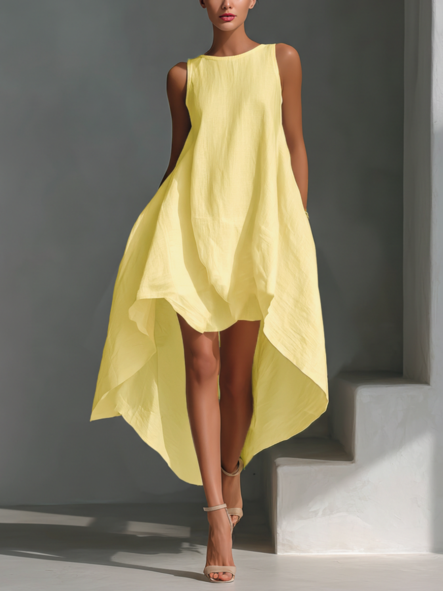 Women’s Linen Midi Dress – Sleeveless with Asymmetrical Hem