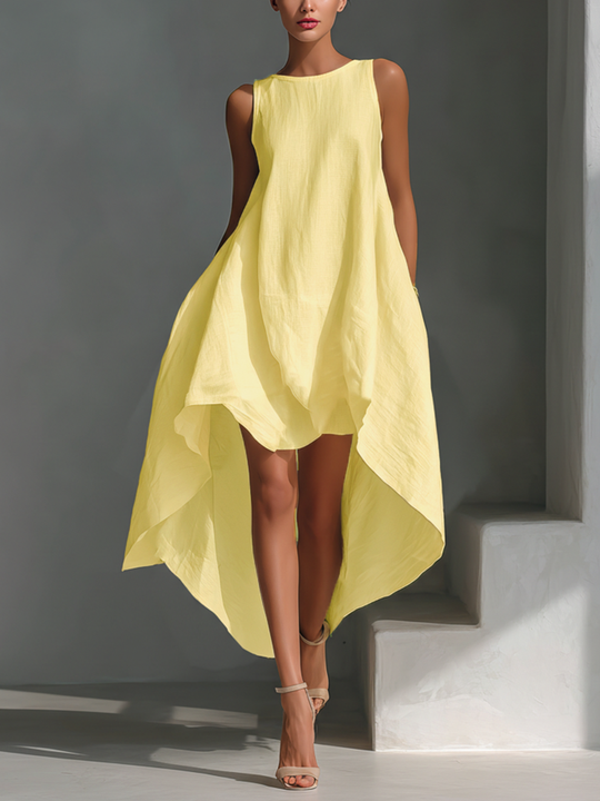 Women’s Linen Midi Dress – Sleeveless with Asymmetrical Hem