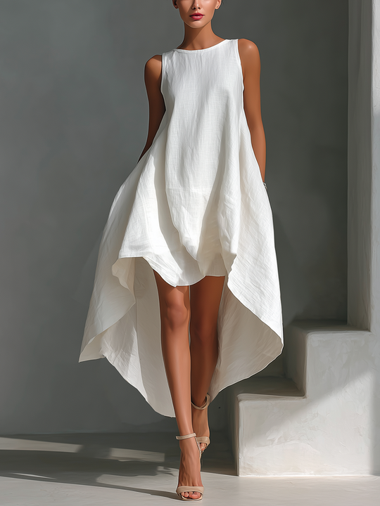 Women’s Linen Midi Dress – Sleeveless with Asymmetrical Hem