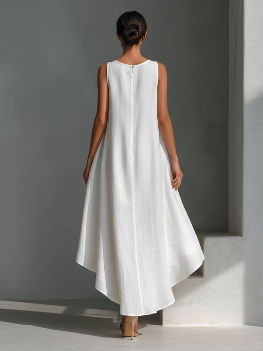 Women’s Linen Midi Dress – Sleeveless with Asymmetrical Hem