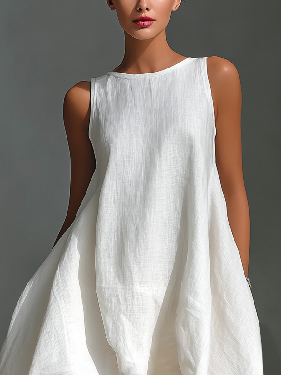 Women’s Linen Midi Dress – Sleeveless with Asymmetrical Hem