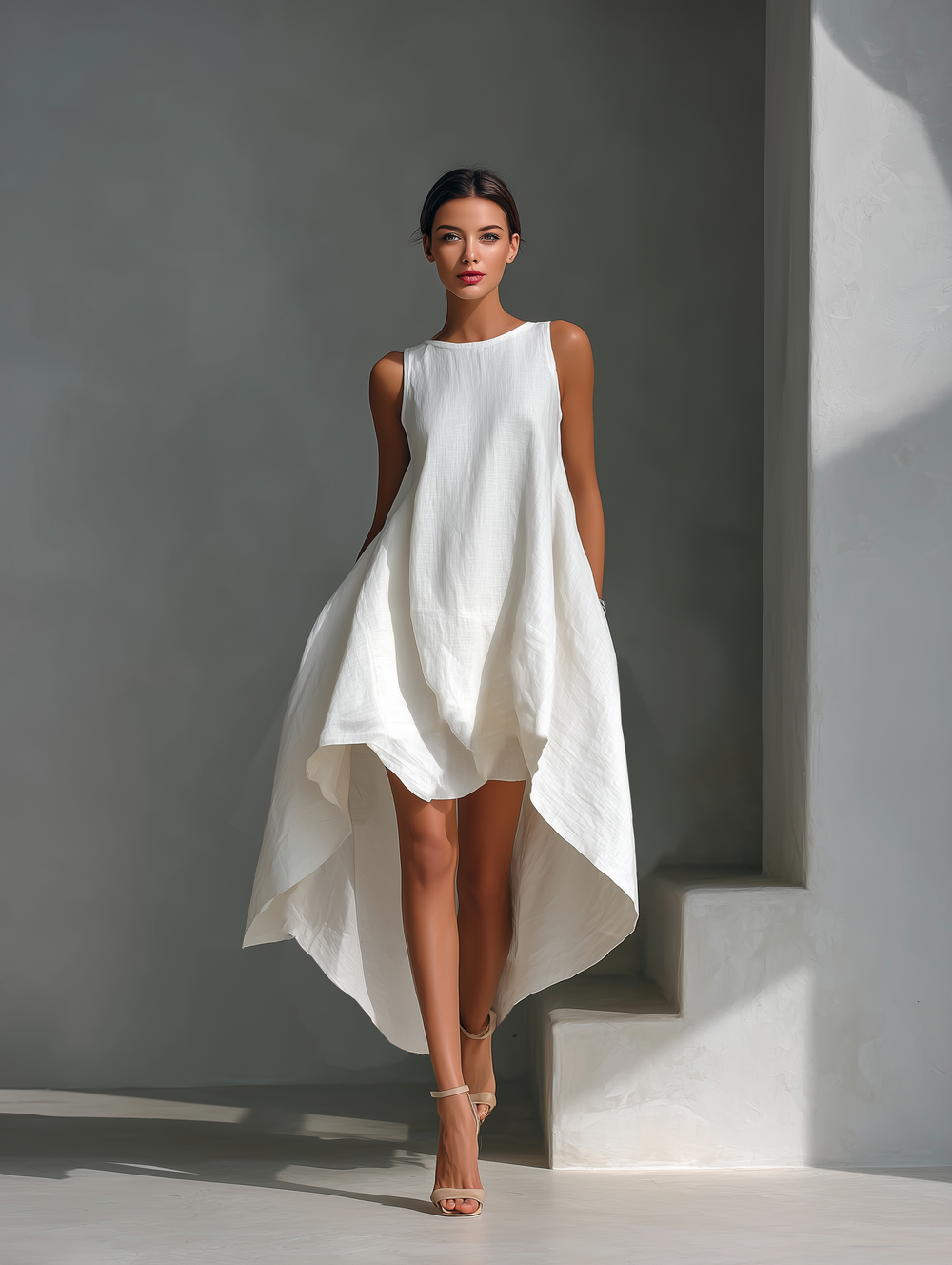 Women’s Linen Midi Dress – Sleeveless with Asymmetrical Hem