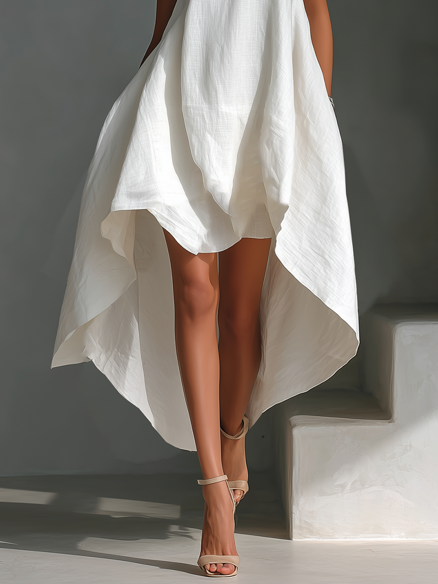 Women’s Linen Midi Dress – Sleeveless with Asymmetrical Hem