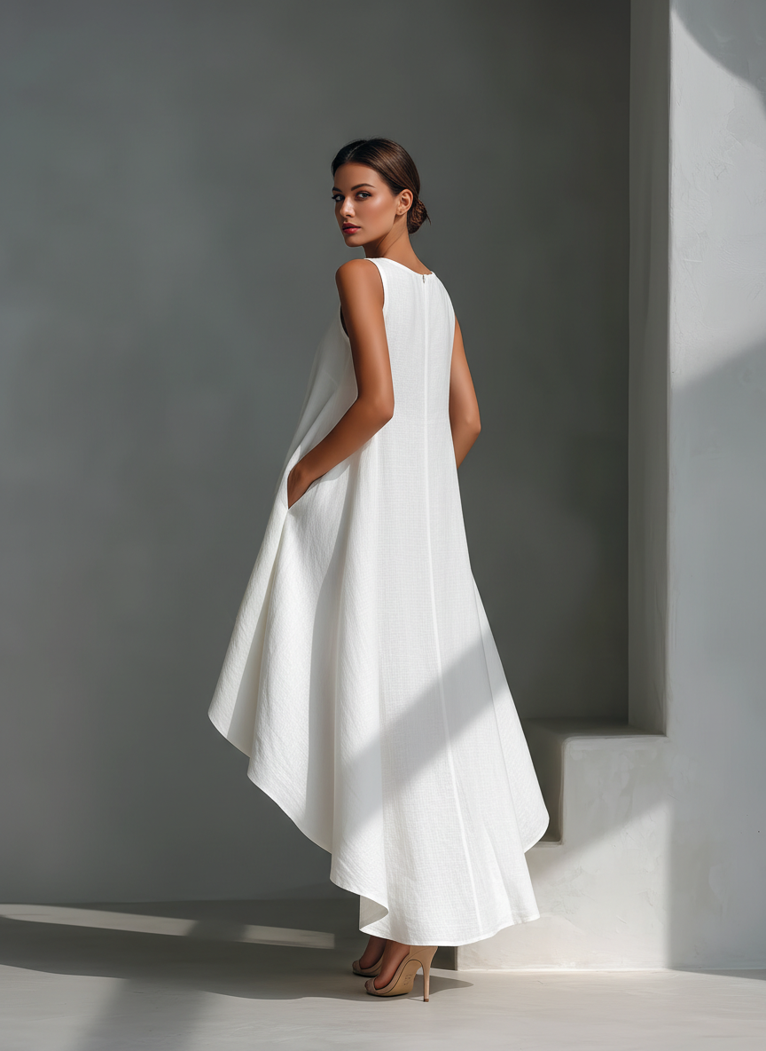 Women’s Linen Midi Dress – Sleeveless with Asymmetrical Hem