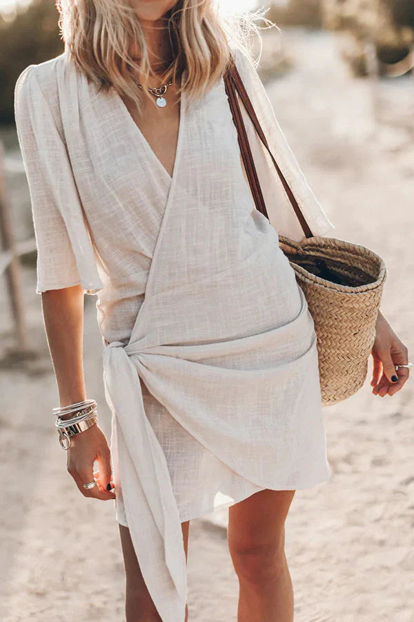 Women's Linen Mini Wrap Dress with Tie Waist and Asymmetric Hem