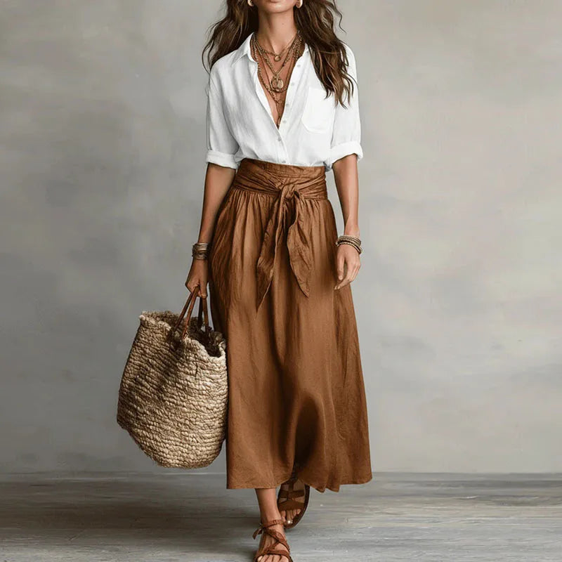 Women's Linen Skirt Set – Coordinated Top, Tie Belt and Full Skirt