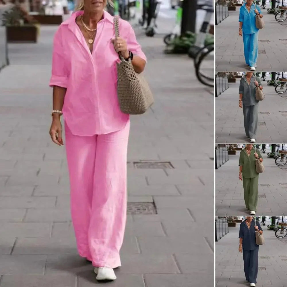 Women's Linen Trouser Set – Short-Sleeve Button-Up Shirt and Wide-Leg Trousers