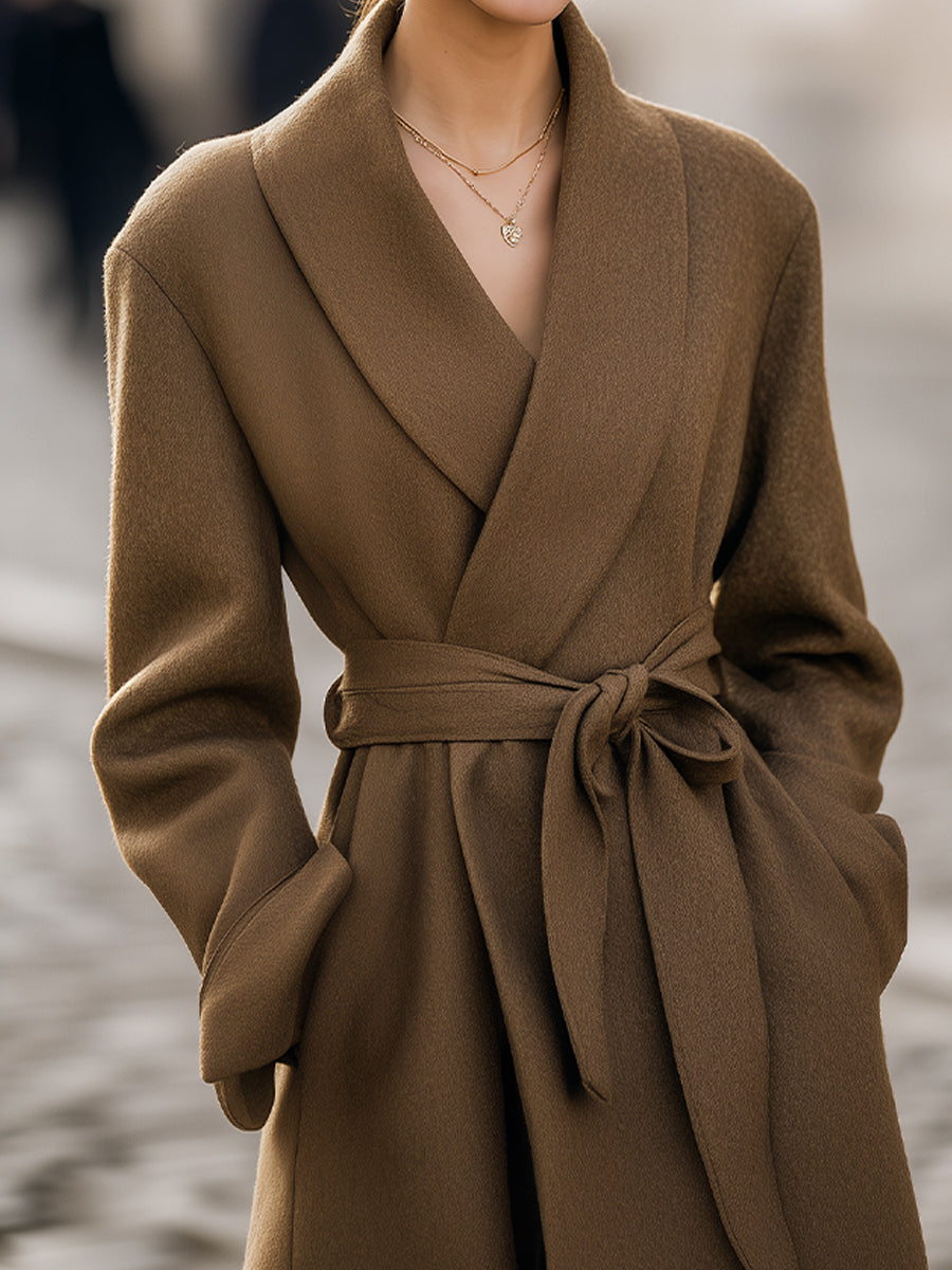 Women's Long Belted Coat with Shawl Collar and Relaxed Fit