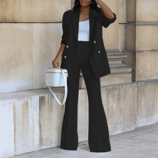 Women’s Long Blazer and Flared Trouser Suit – Structured Two-Piece Set