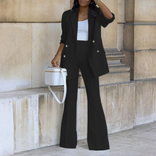 Women’s Long Blazer and Flared Trouser Suit – Structured Two-Piece Set
