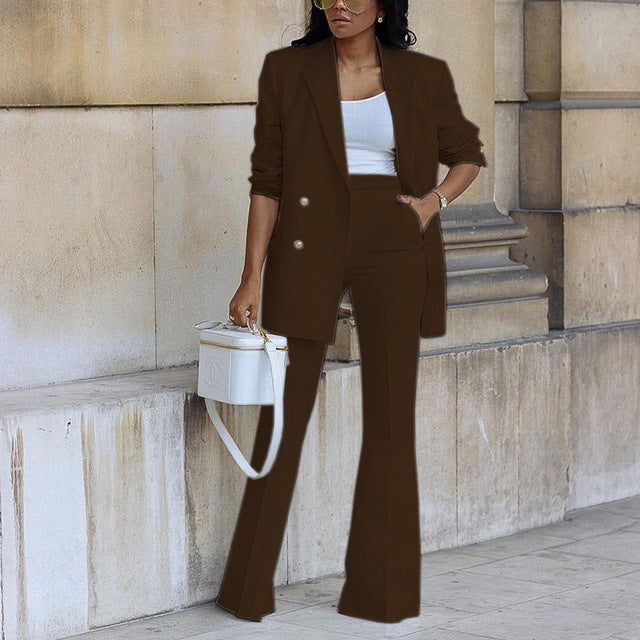 Women’s Long Blazer and Flared Trouser Suit – Structured Two-Piece Set