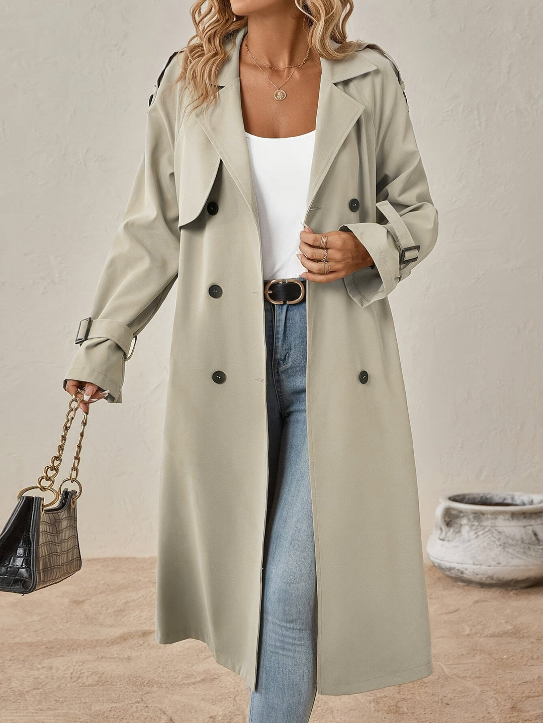 Women’s Long Cotton-Blend Trench Coat with Button Front