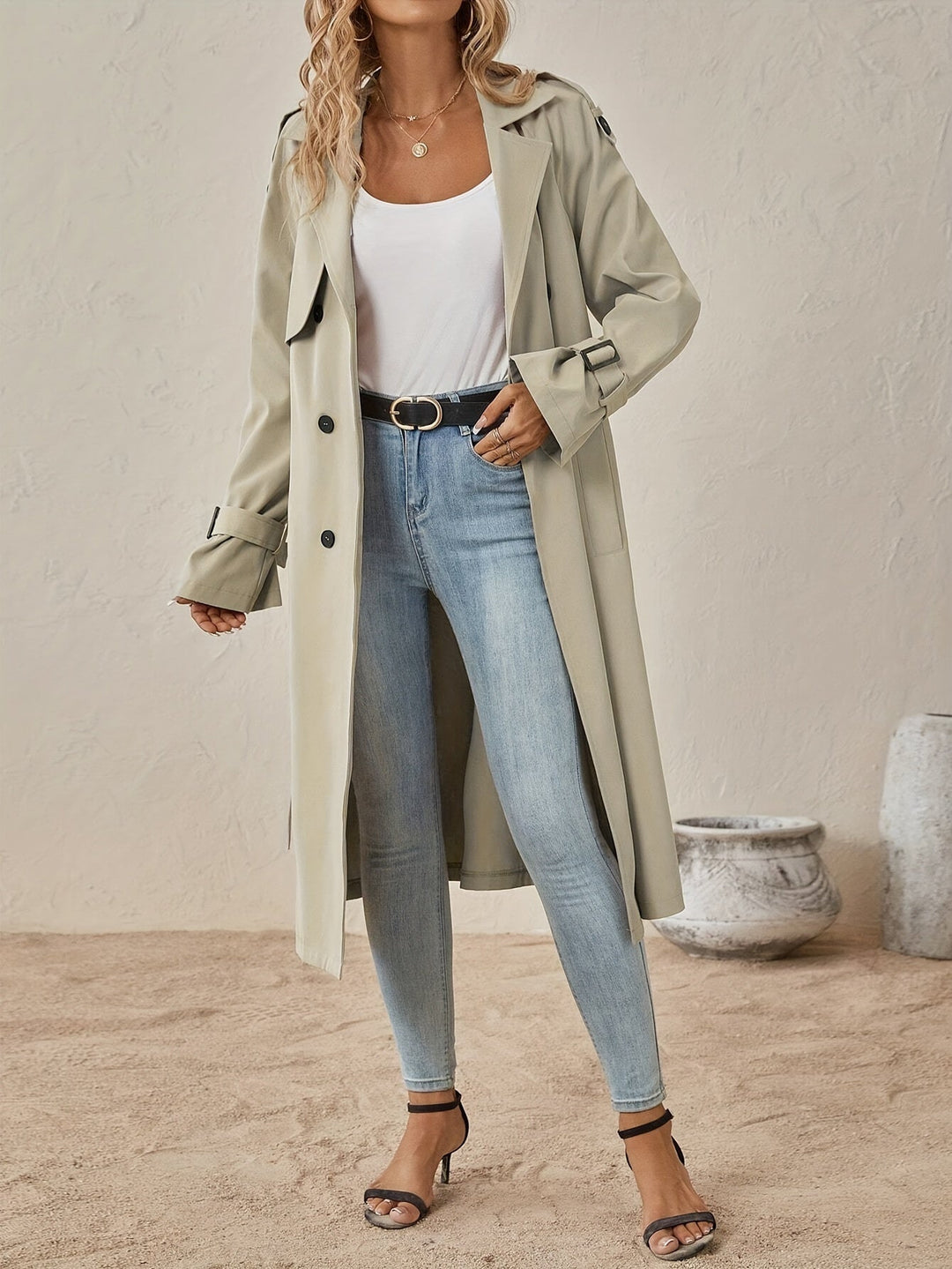 Women’s Long Cotton-Blend Trench Coat with Button Front