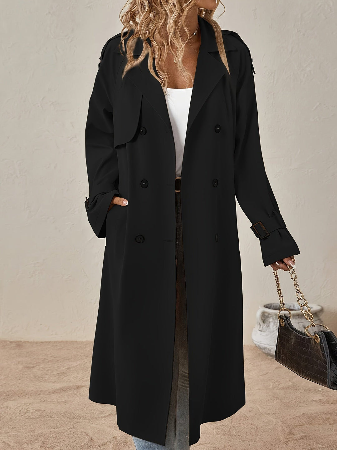 Women’s Long Cotton-Blend Trench Coat with Button Front