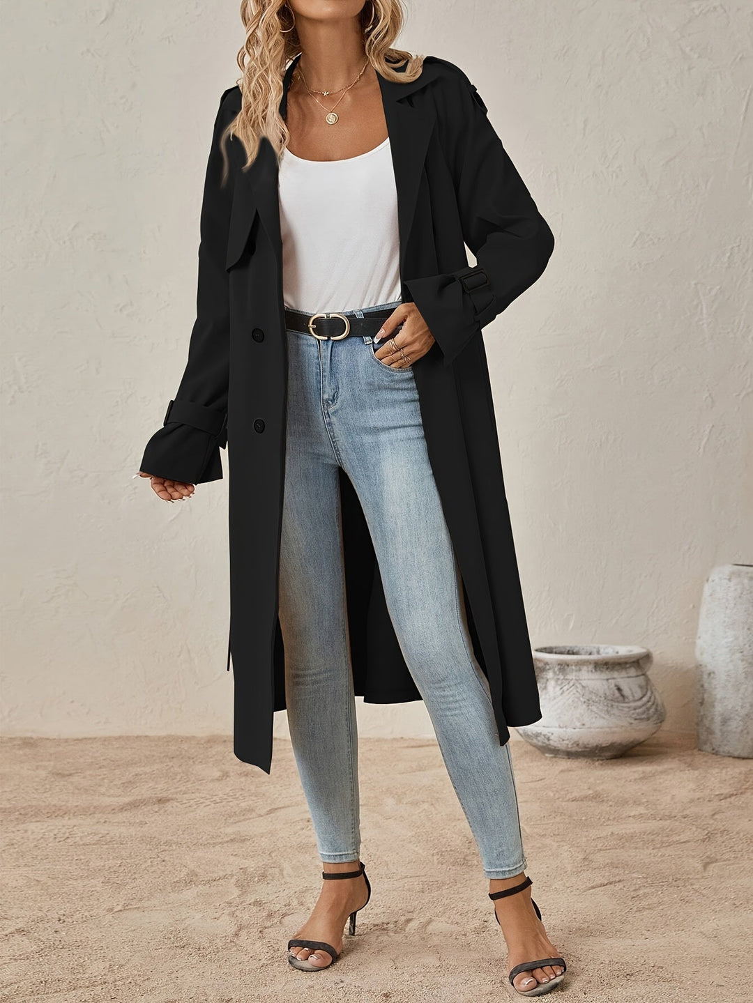 Women’s Long Cotton-Blend Trench Coat with Button Front