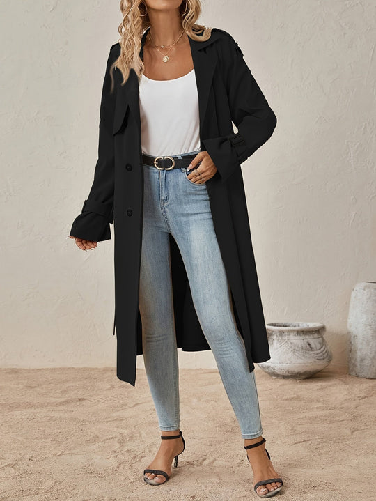 Women’s Long Cotton-Blend Trench Coat with Button Front