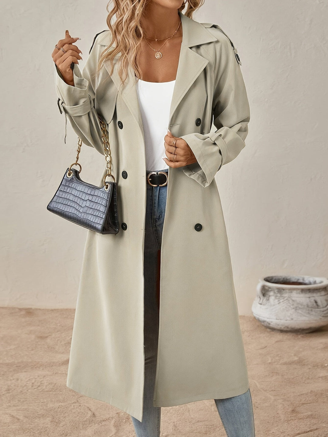 Women’s Long Cotton-Blend Trench Coat with Button Front