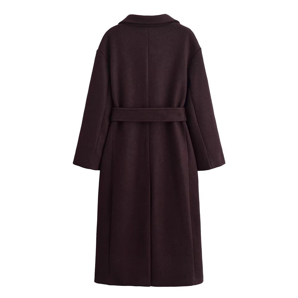 Women's Long Double-Breasted Wool-Blend Coat with Adjustable Belt