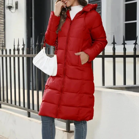 Women's Long Hooded Puffer Coat – Lightweight Insulated Zip-Up Jacket