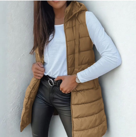 Women’s Long Hooded Puffer Vest – Lightweight Sleeveless Layer, S–5XL