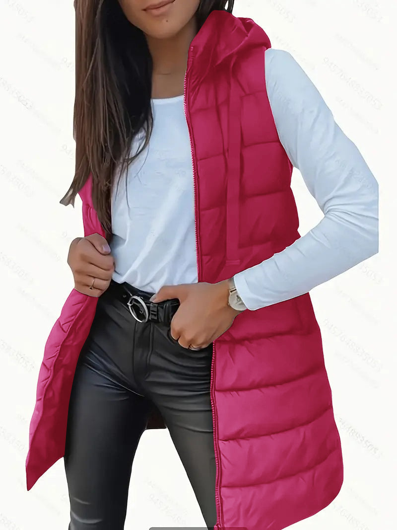 Women’s Long Hooded Puffer Vest – Lightweight Sleeveless Layer, S–5XL