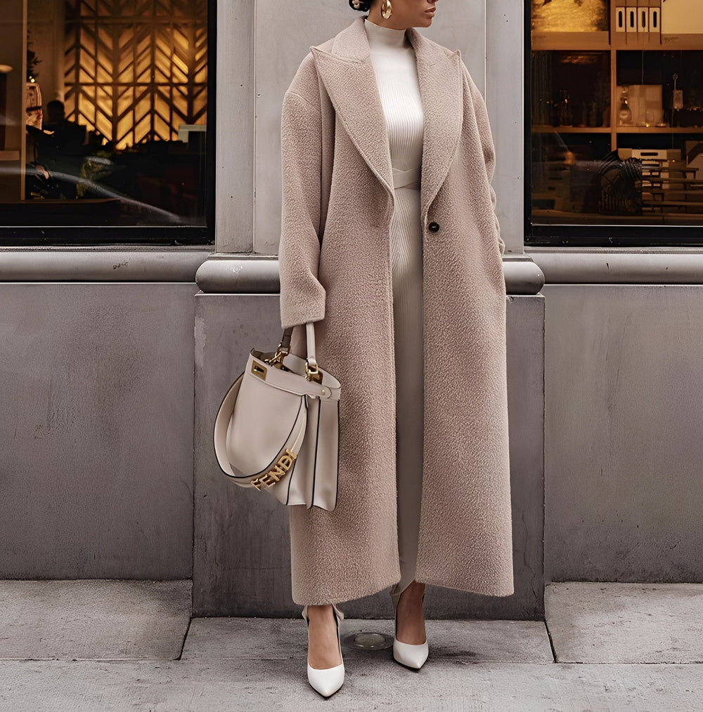 Women's Long Oversized Faux-Wool Coat – Minimalist Single-Button Style