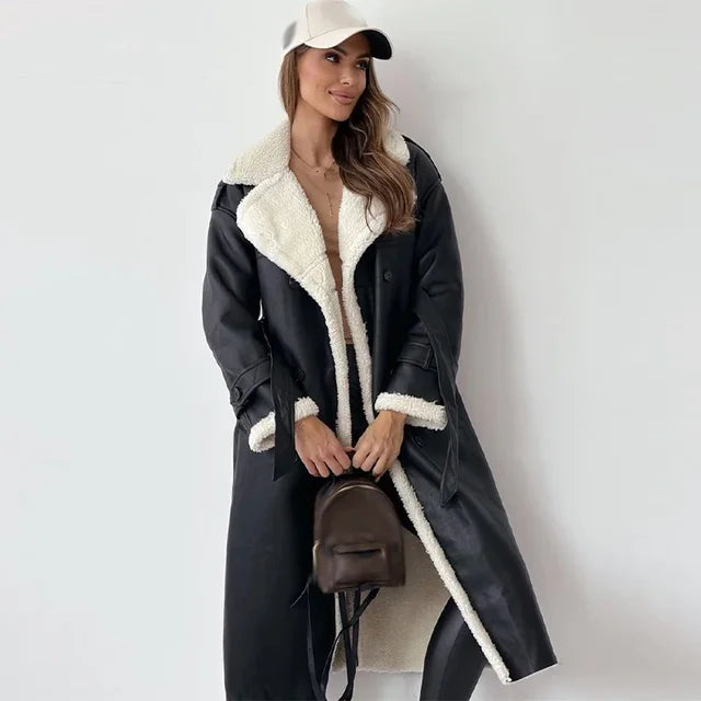 Women's Long Sherpa-Lined Winter Coat with Lapels and Buttons