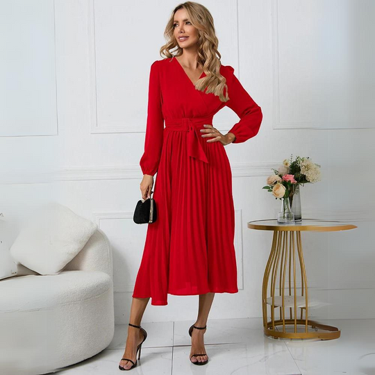 Women’s Long-Sleeve Pleated Wrap Midi Dress