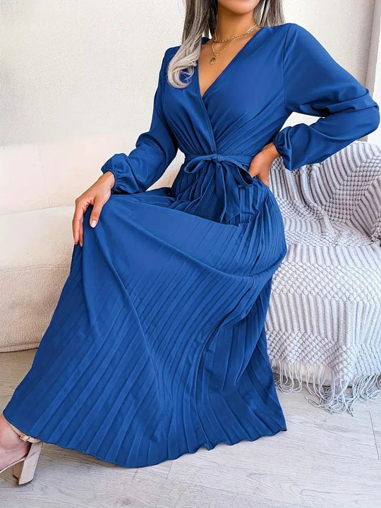 Women’s Long-Sleeve Pleated Wrap Midi Dress