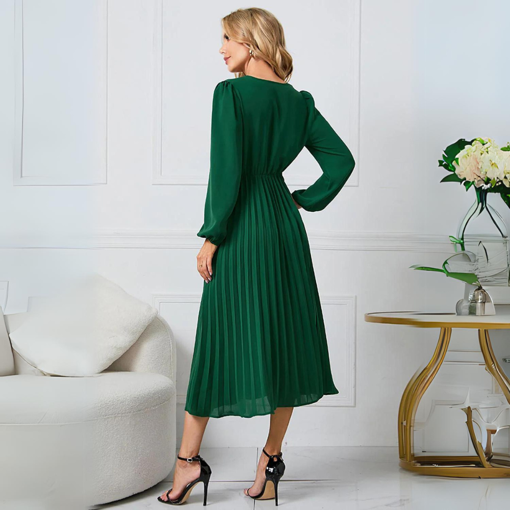 Women’s Long-Sleeve Pleated Wrap Midi Dress