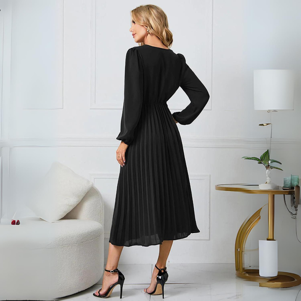 Women’s Long-Sleeve Pleated Wrap Midi Dress