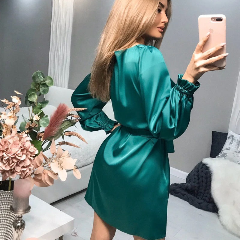 Women's Long-Sleeve Satin Mini Dress with Classic Round Neck