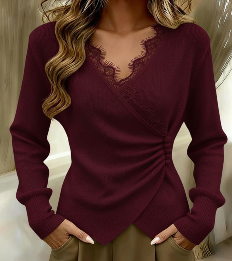 Women’s Long-Sleeve V-Neck Knit Top with Asymmetric Tie and Lace Trim