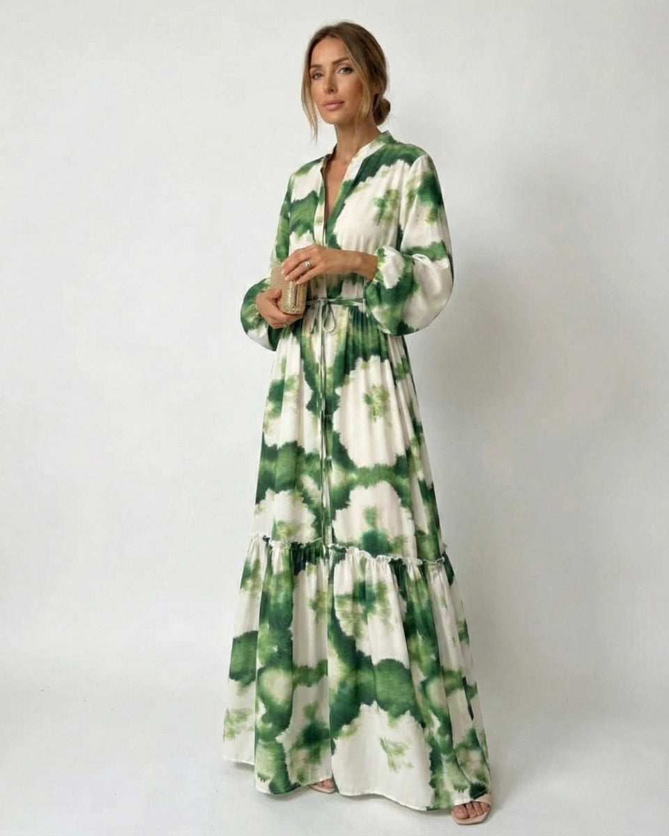 Women's Long-Sleeve V-Neck Maxi Dress with Tie Waist
