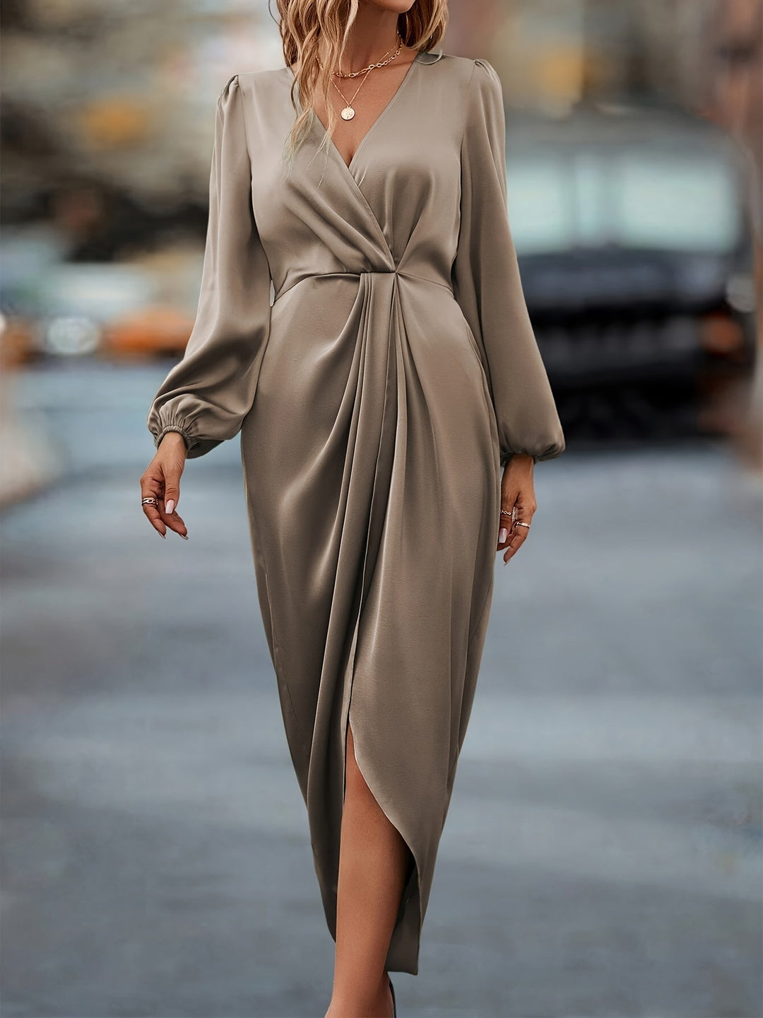 Women’s Long-Sleeve Wrap Midi Dress with Gathered Cuffs