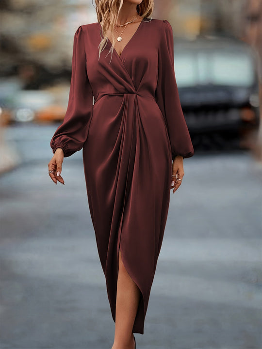 Women’s Long-Sleeve Wrap Midi Dress with Gathered Cuffs