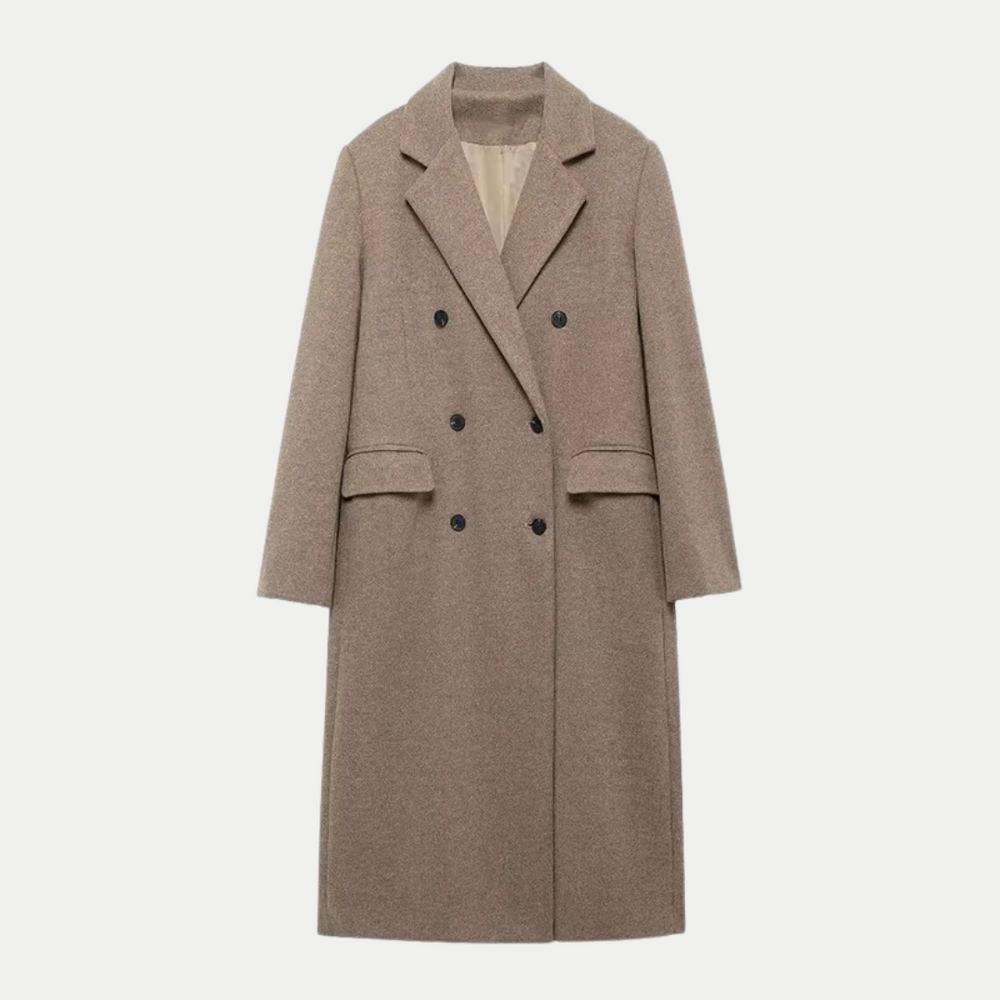 Women's Long Taupe Wool-Blend Double-Breasted Tailored Coat