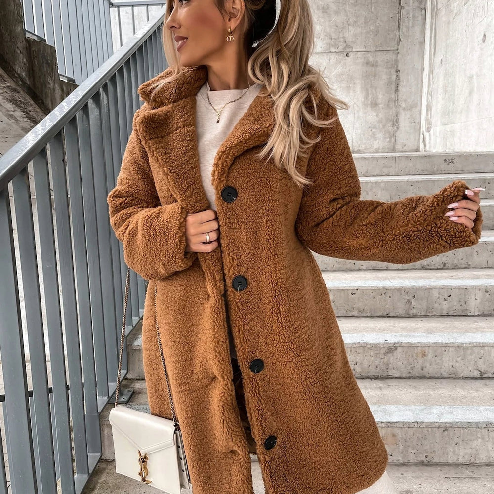 Women's Long Teddy Coat – Soft Button-Front Winter Outerwear