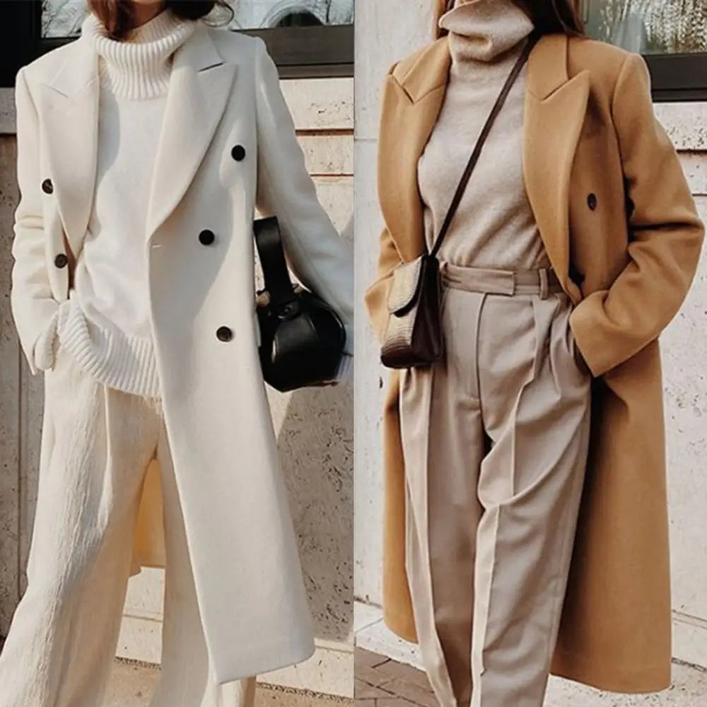 Women's Long Wool-Blend Coat with Concealed Buttons and Side Pockets