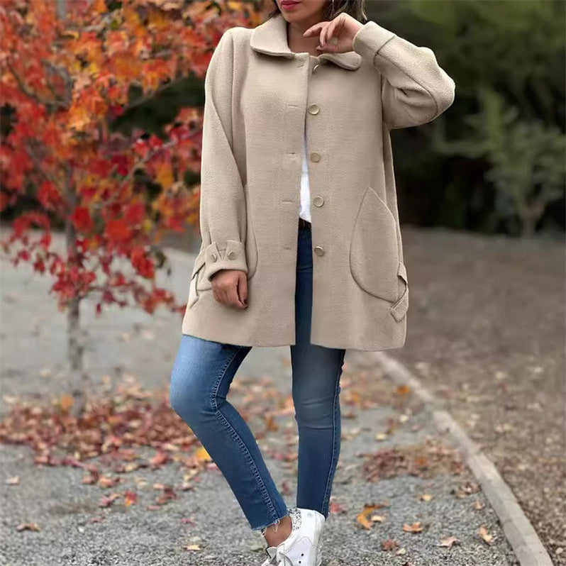 Women's Long Wool-Blend Winter Coat with Classic Lapels and Pockets