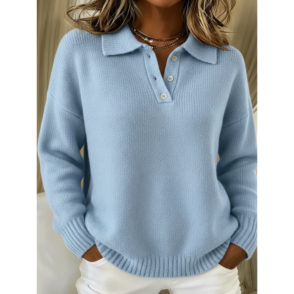 Women's Loose Knit Polo Sweater – Buttoned Collar and Long Sleeves