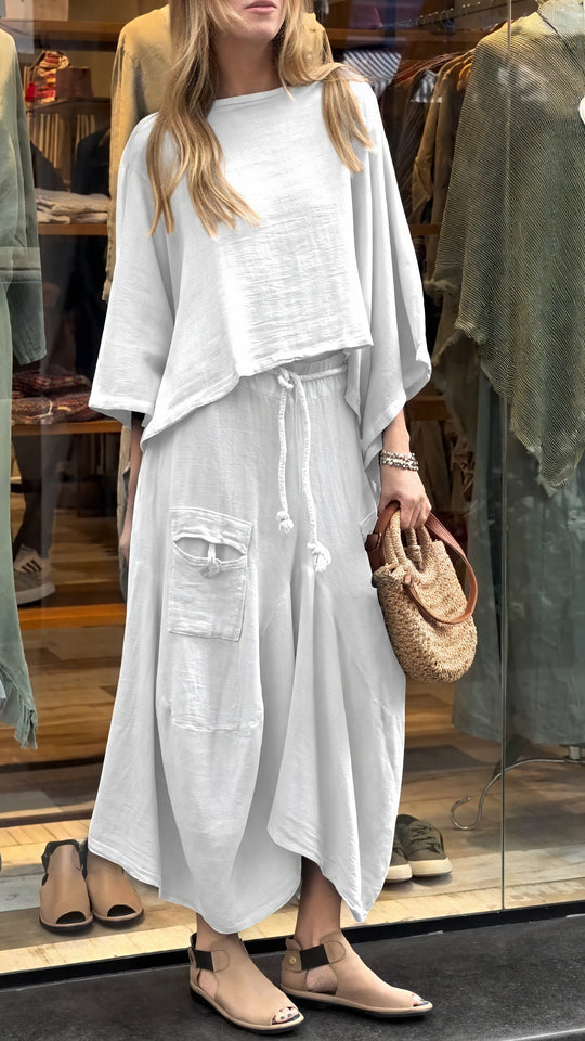 Women’s Loose Two-Piece Set – Drawstring Wide Trousers with Pockets