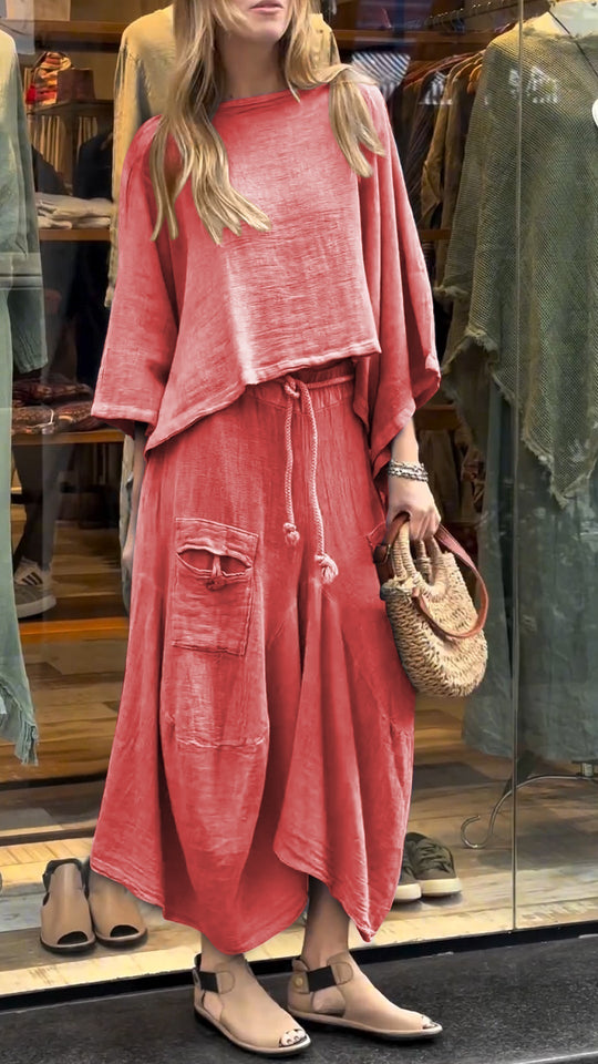 Women’s Loose Two-Piece Set – Drawstring Wide Trousers with Pockets