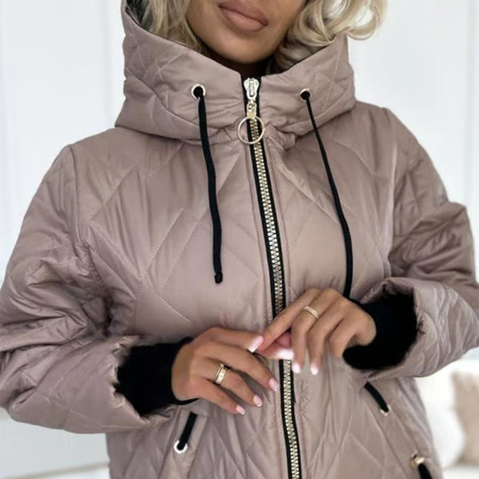 Women’s Mid-Length Hooded Parka – Insulated Cotton-Blend Zip Jacket