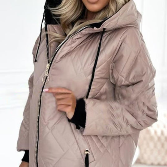 Women’s Mid-Length Hooded Parka – Insulated Cotton-Blend Zip Jacket