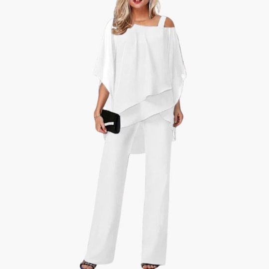 Women’s Off-Shoulder Chiffon Two-Piece Set – Wide-Leg Evening Trousers