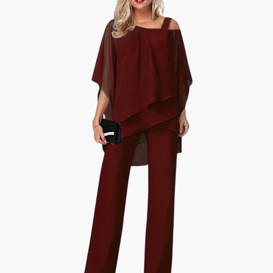 Women’s Off-Shoulder Chiffon Two-Piece Set – Wide-Leg Evening Trousers