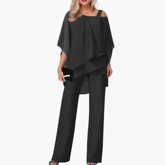 Women’s Off-Shoulder Chiffon Two-Piece Set – Wide-Leg Evening Trousers