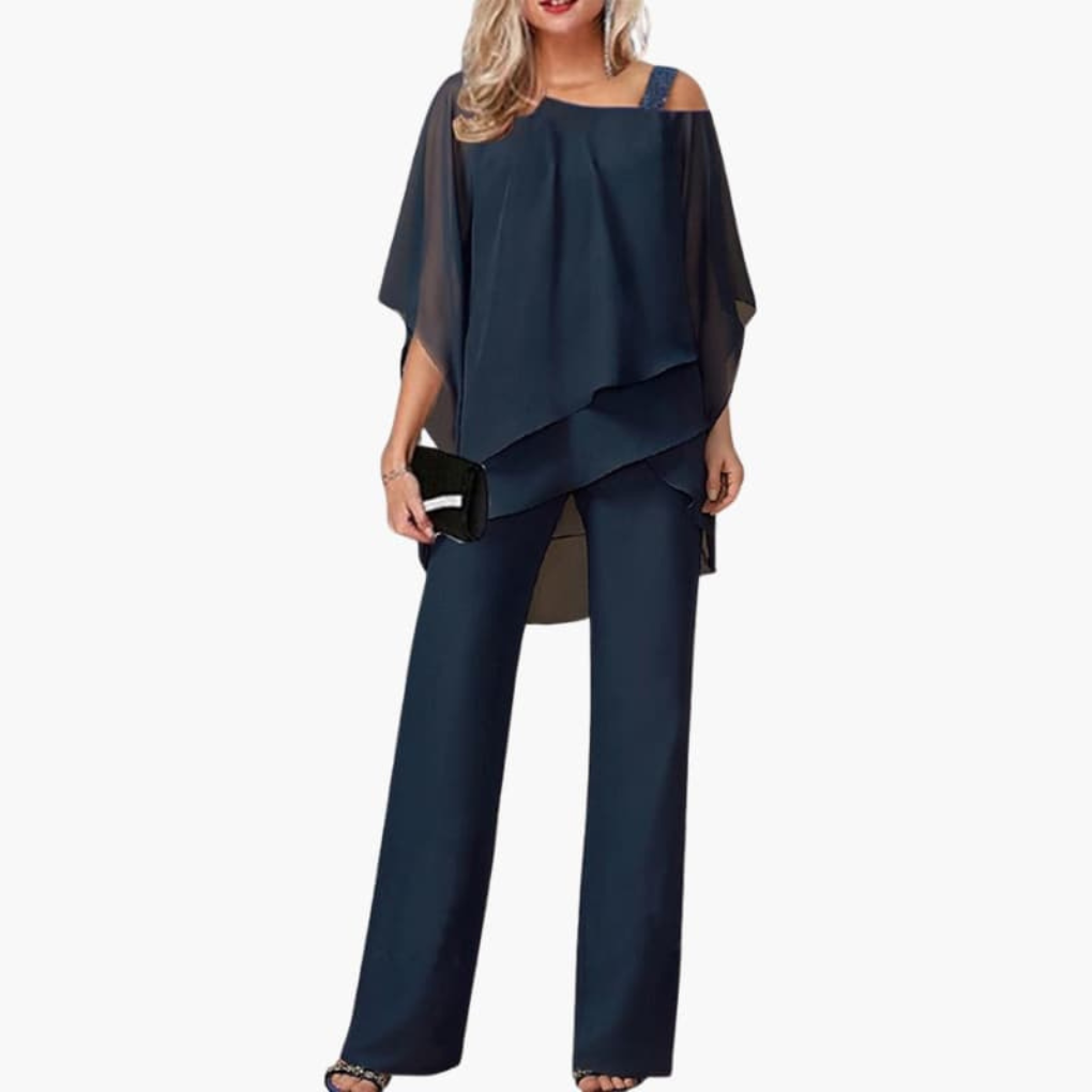 Women’s Off-Shoulder Chiffon Two-Piece Set – Wide-Leg Evening Trousers