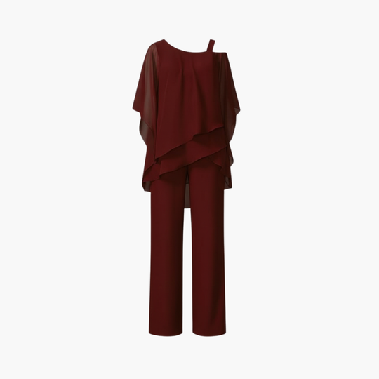 Women’s Off-Shoulder Chiffon Two-Piece Set – Wide-Leg Evening Trousers